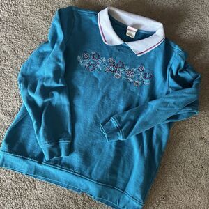 Adrian Delafield Cottagecore Small Blue Floral Embroidered Pullover Sweater Cozy